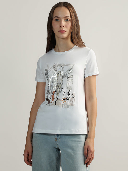 DKNY Women White Printed Round Neck Short Sleeves Tshirt