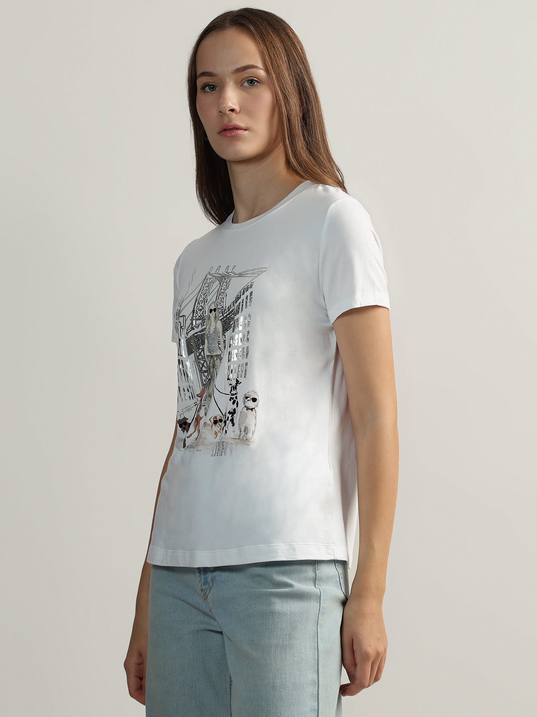 DKNY Women White Printed Round Neck Short Sleeves Tshirt