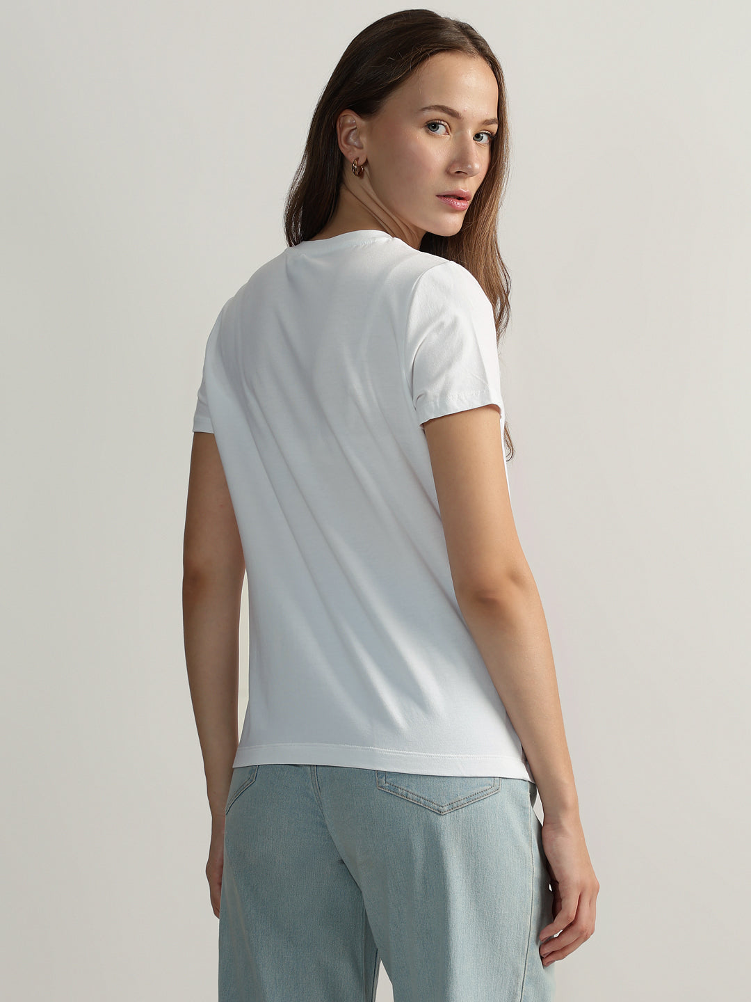 DKNY Women White Printed Round Neck Short Sleeves Tshirt