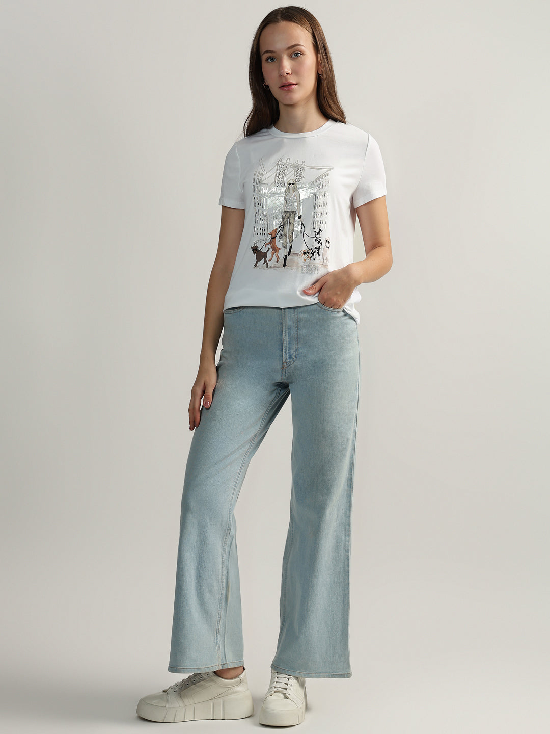 DKNY Women White Printed Round Neck Short Sleeves Tshirt