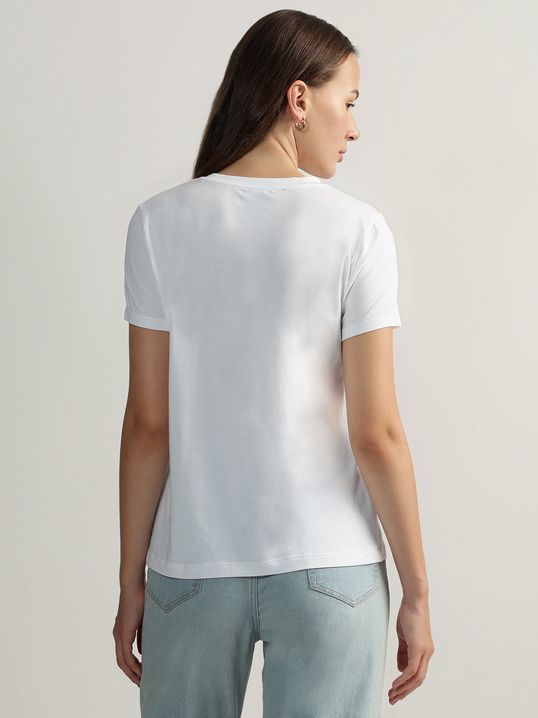 DKNY Women White Printed Round Neck Short Sleeves Tshirt