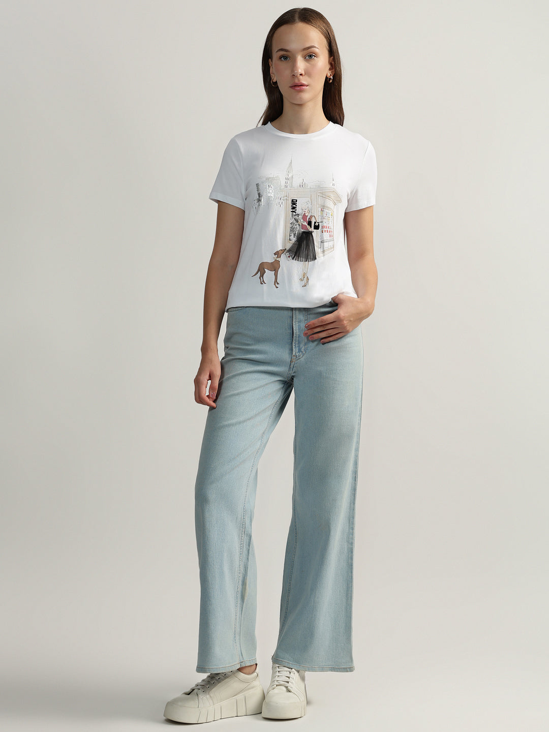 DKNY Women White Printed Round Neck Short Sleeves Tshirt