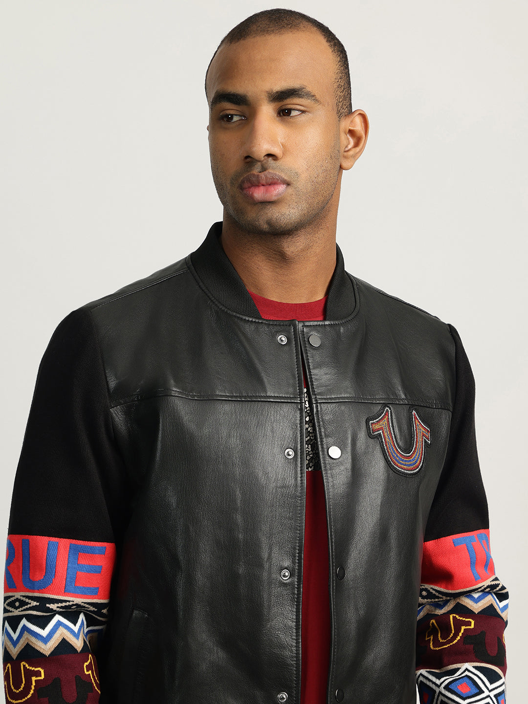 Black Leather Stand Collar Leather Jacket Celio* Solid Regular Fit