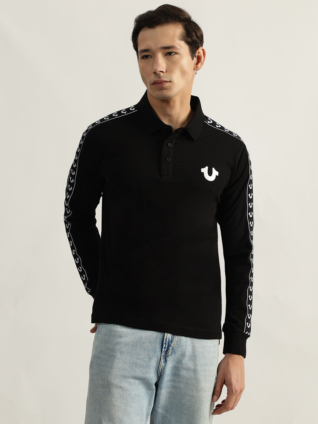 Shop True Religion Men Black Solid Polo Collar Full Sleeves T