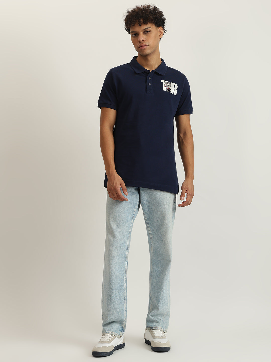 True Religion Men Navy Blue Solid Collared Short Sleeves Polo T-Shirt