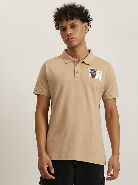 True Religion Men Beige Solid Collared Short Sleeves Polo T-Shirt