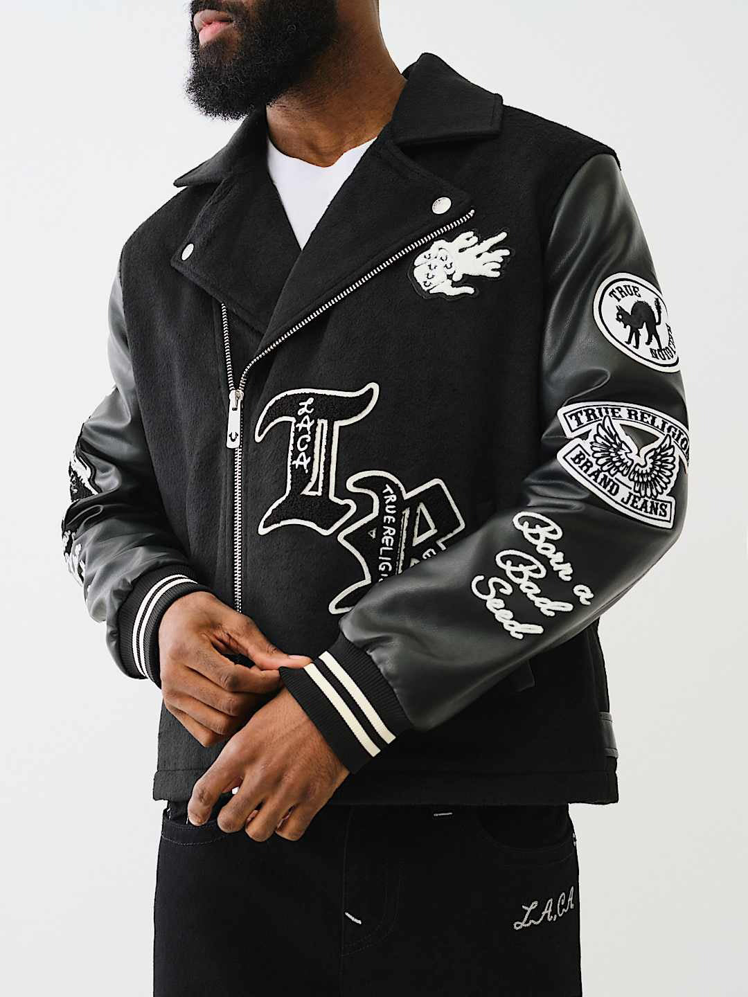 True Religion Men Black Printed Notched Collar Full Sleeves Varsity Jacket