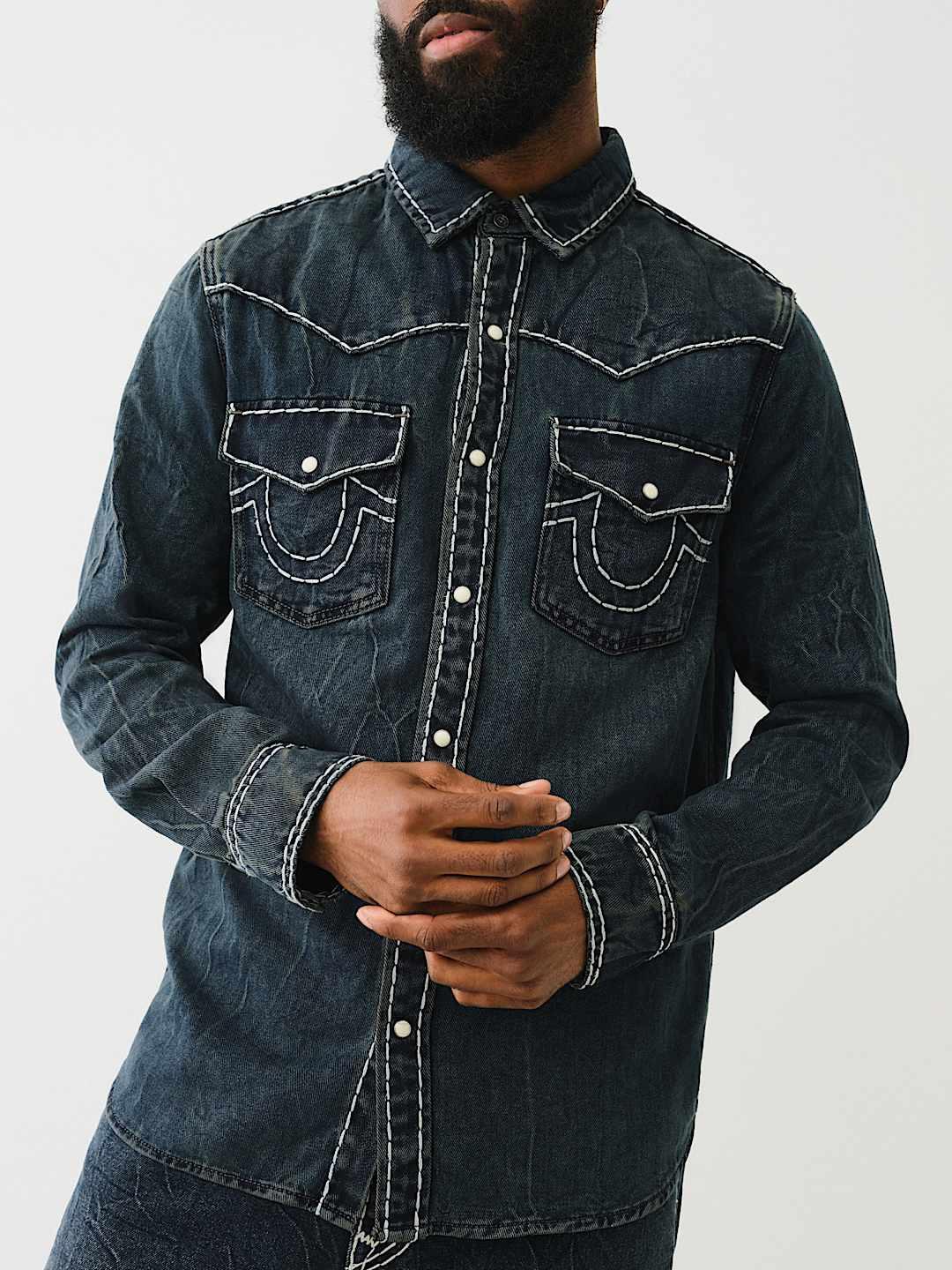 True Religion Men Blue Classic Point Collar Full Sleeves Contrast Stitching Denim Shirt