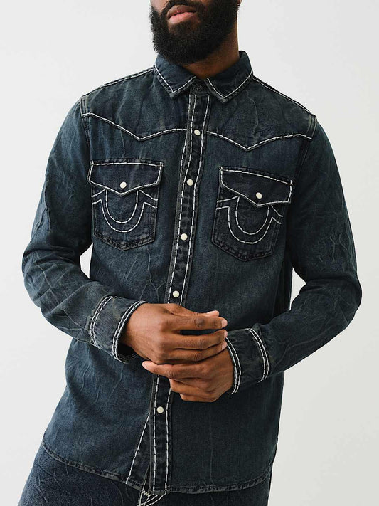 True Religion Men Blue Classic Point Collar Full Sleeves Contrast Stitching Denim Shirt