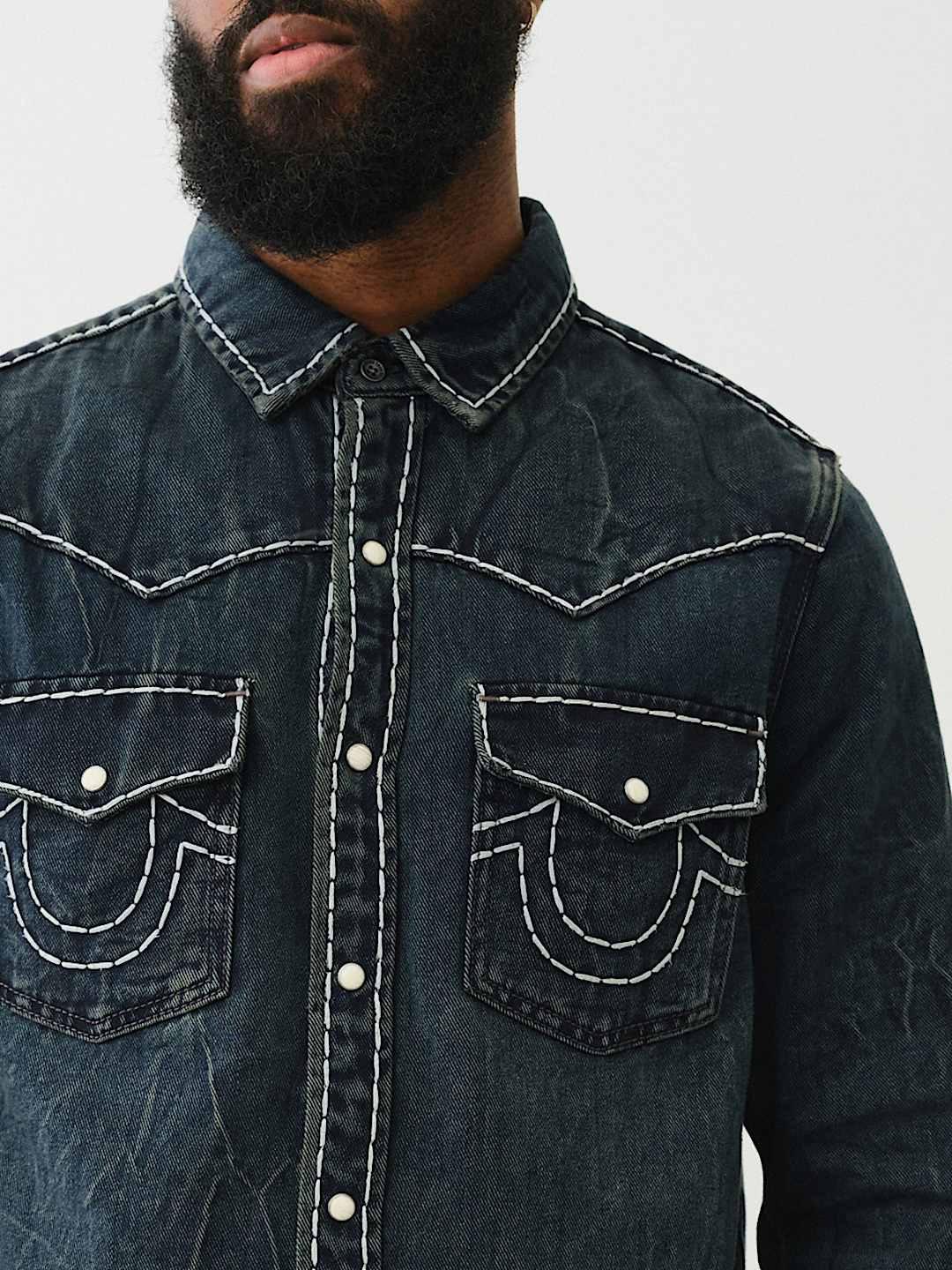 True Religion Men Blue Classic Point Collar Full Sleeves Contrast Stitching Denim Shirt