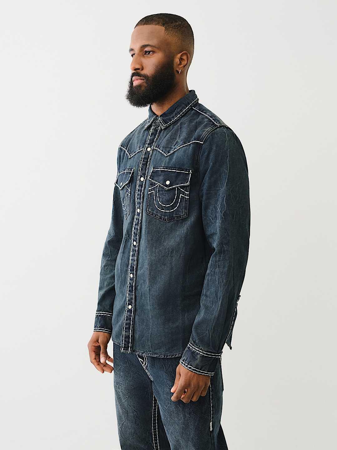True Religion Men Blue Classic Point Collar Full Sleeves Contrast Stitching Denim Shirt
