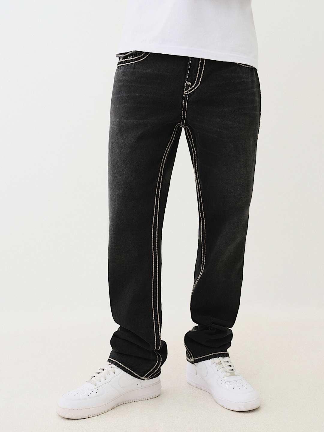 Shop True Religion Rope Stitch Ricky Straight Fit Black Mid Rise