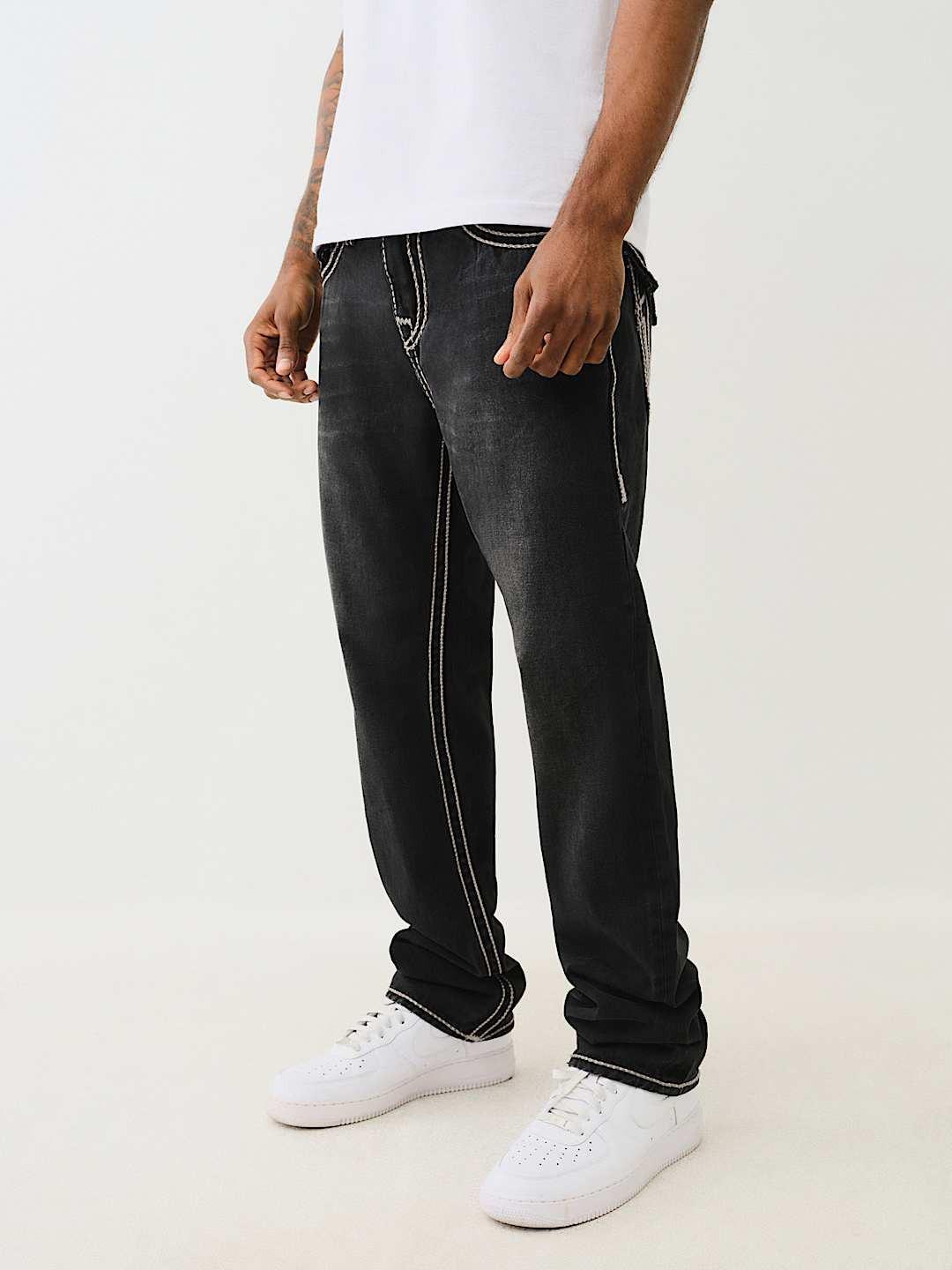 Shop True Religion Rope Stitch Ricky Straight Fit Black Mid Rise