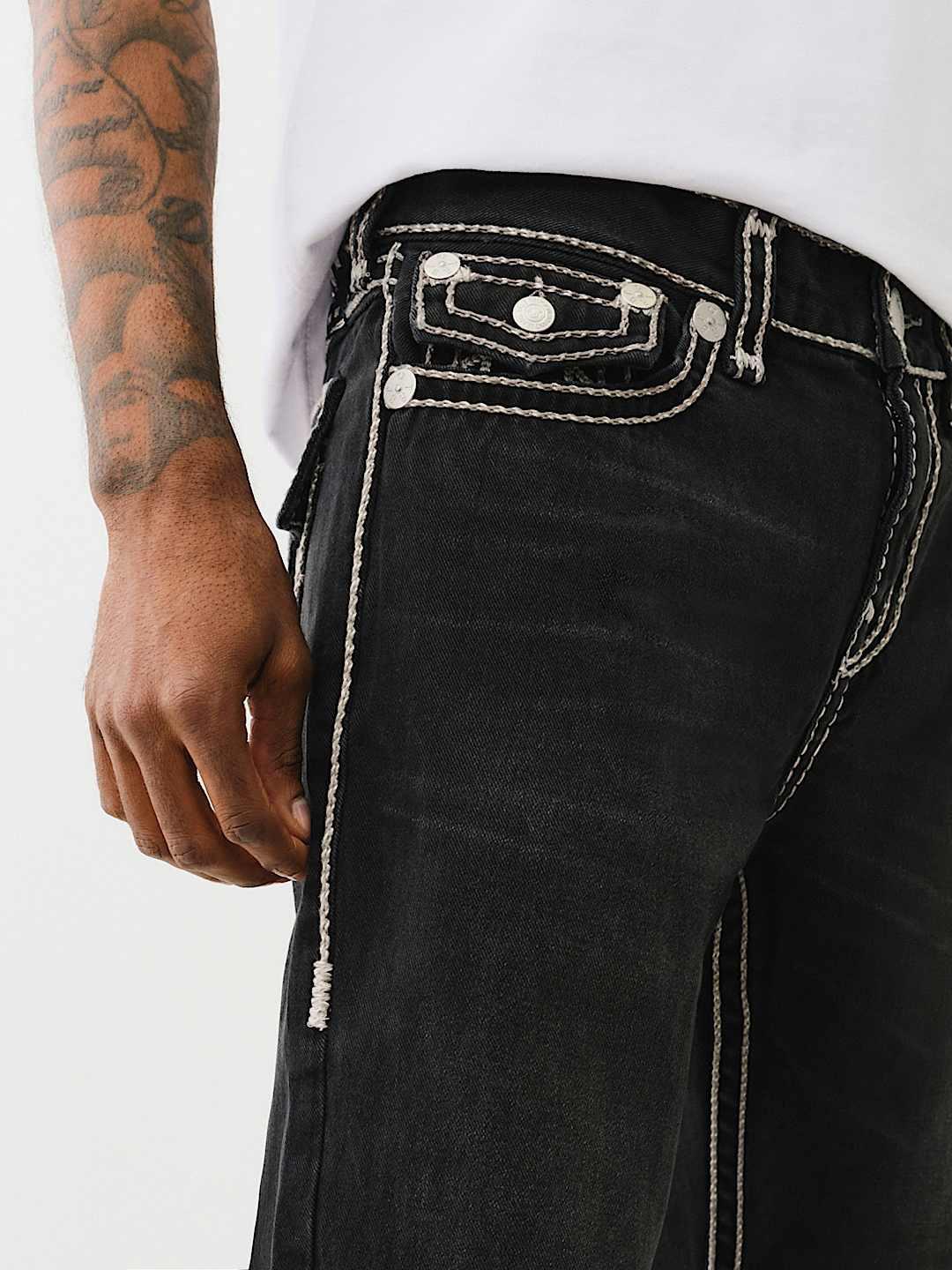 Shop True Religion Rope Stitch Ricky Straight Fit Black Mid Rise