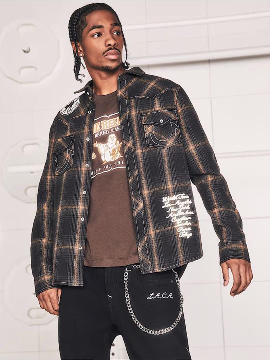 True Religion Mens Black Spread Collar Full Sleeve Patch Work Shirt