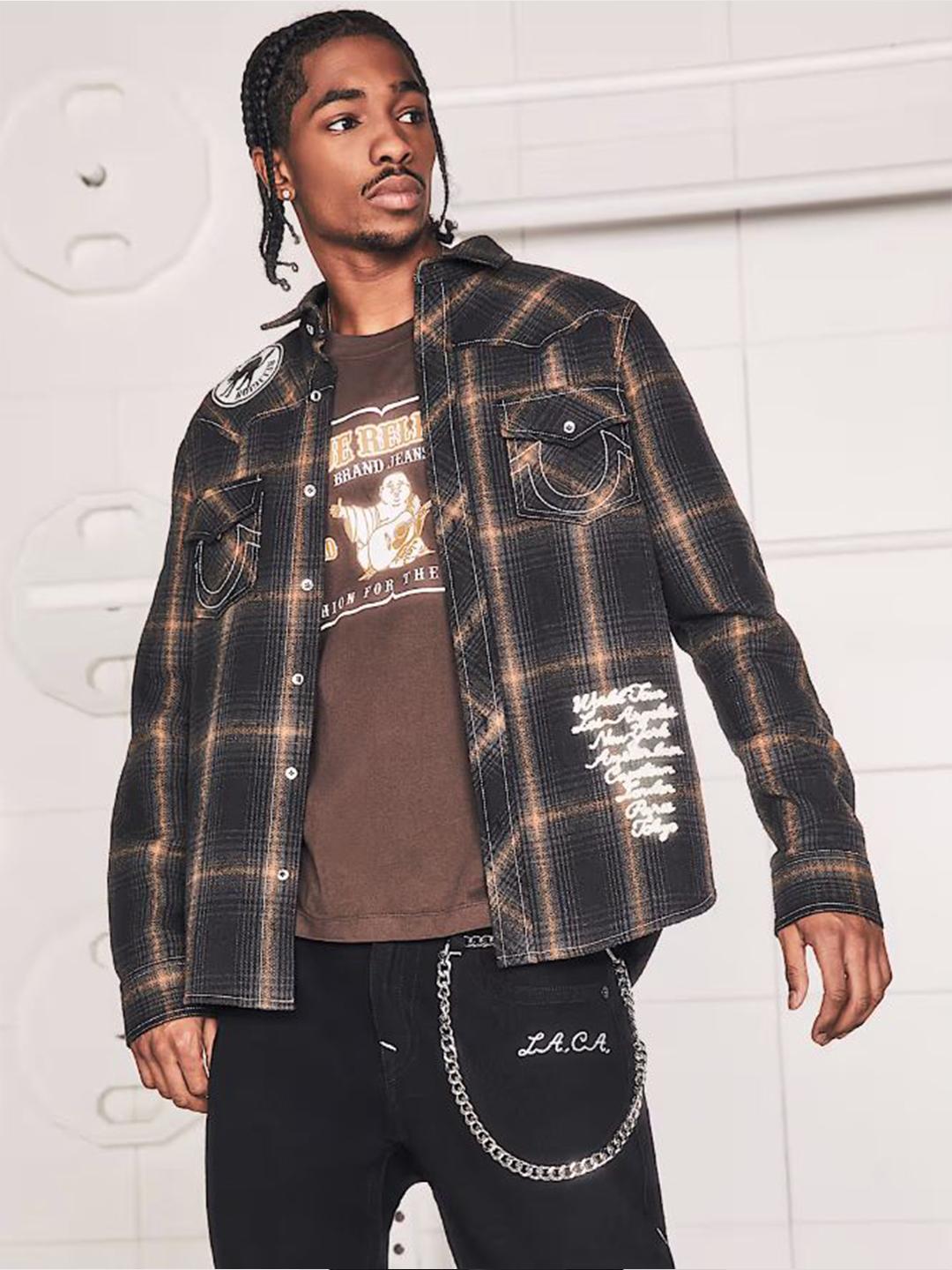 True Religion Mens Black Spread Collar Full Sleeve Patch Work Shirt