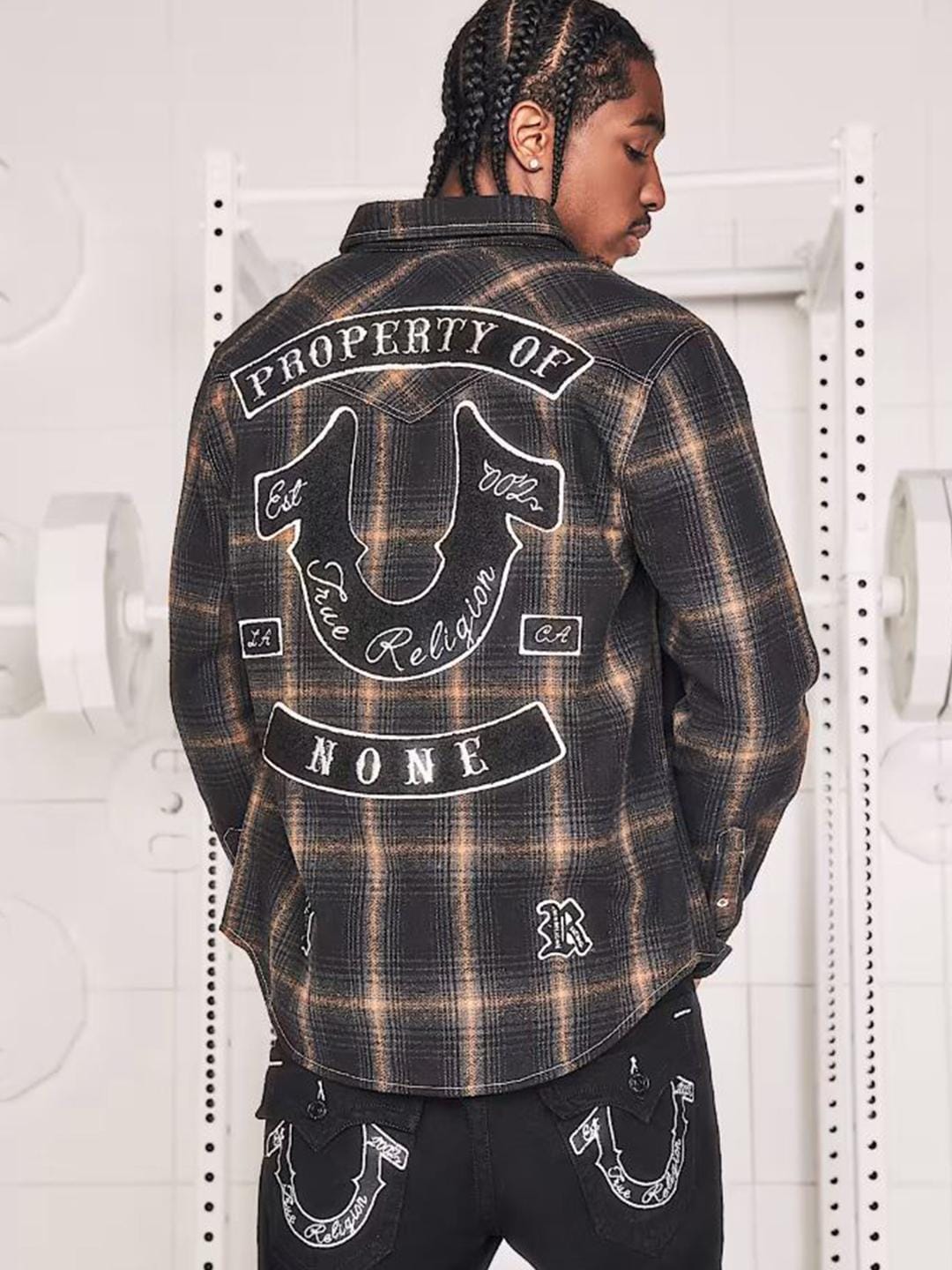 True Religion Mens Black Spread Collar Full Sleeve Patch Work Shirt