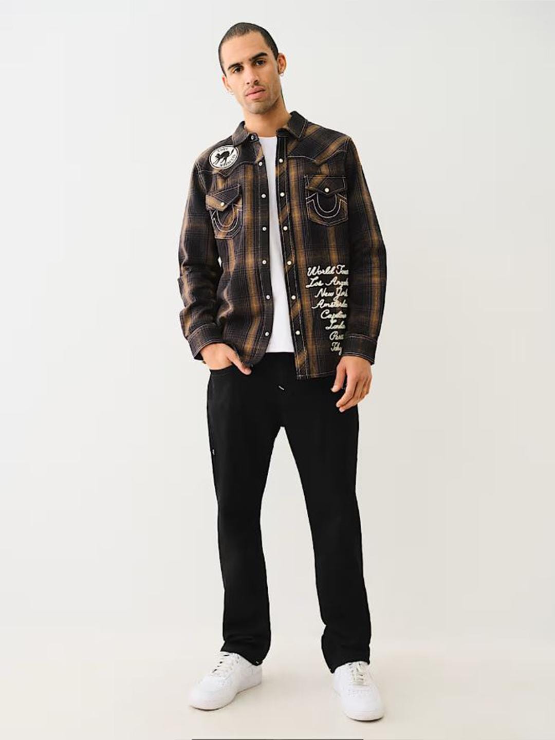 True Religion Mens Black Spread Collar Full Sleeve Patch Work Shirt