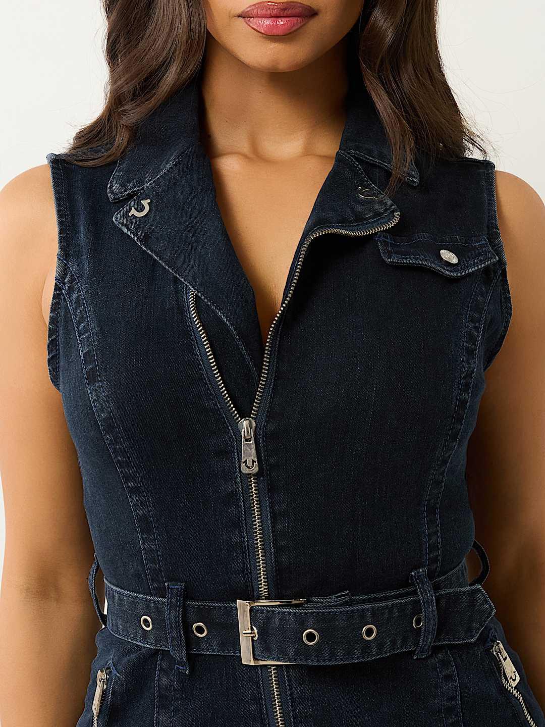 True Religion Women Blue Lapel Sleeveless Denim Bodycon Dress