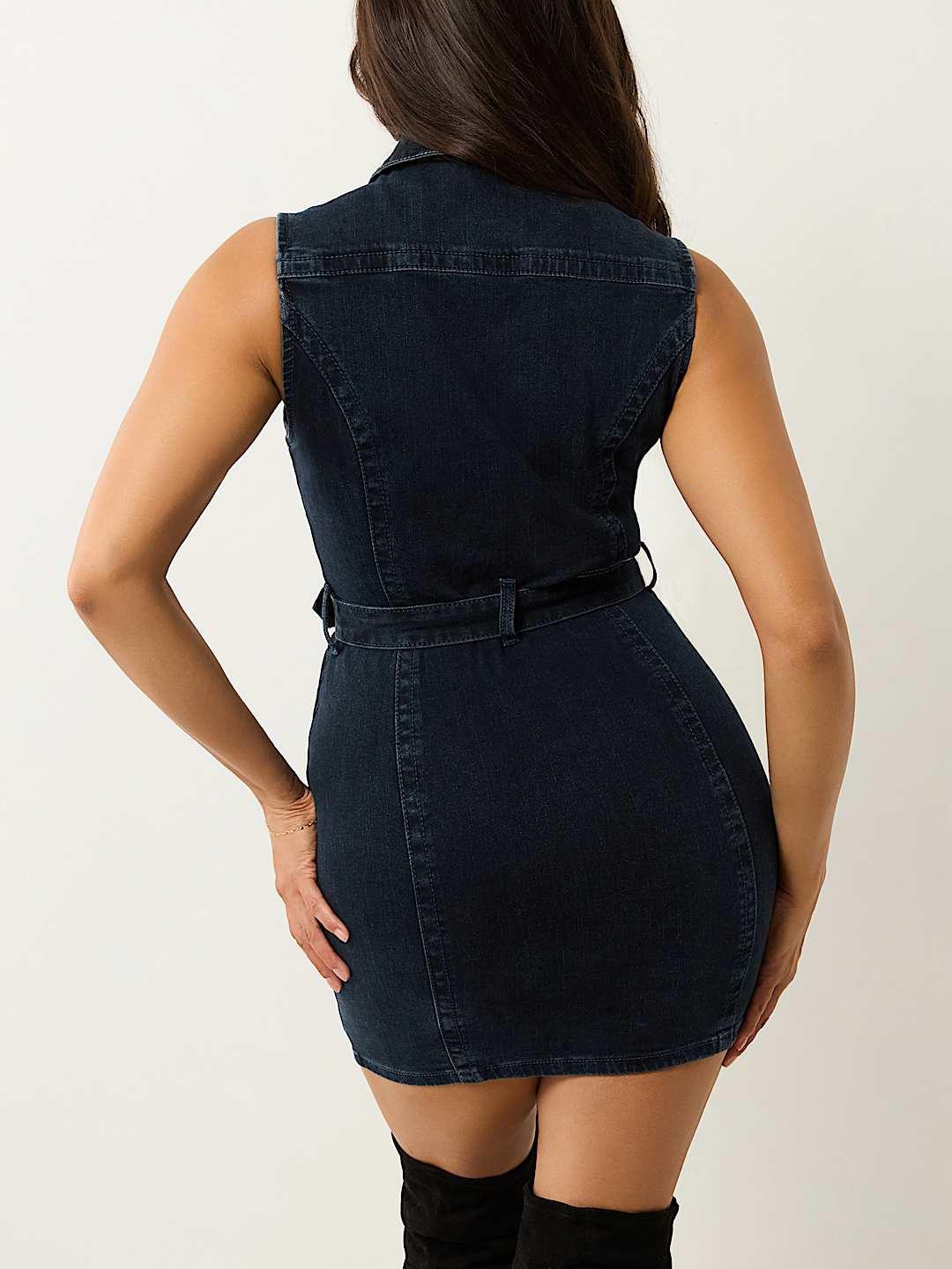 True Religion Women Blue Lapel Sleeveless Denim Bodycon Dress