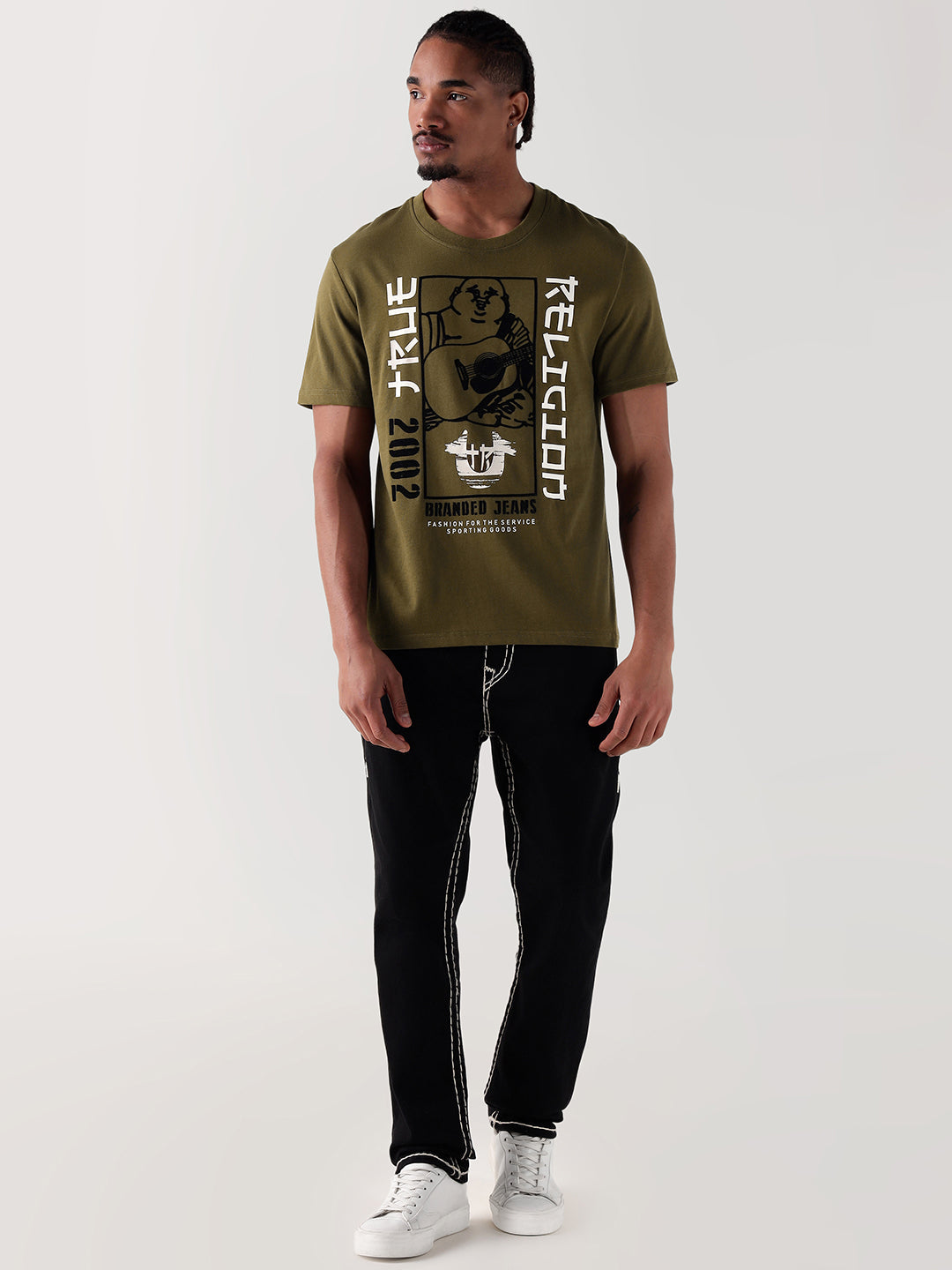TRUE RELIGION Men Green Printed Round Neck Regular Fit T Shirt