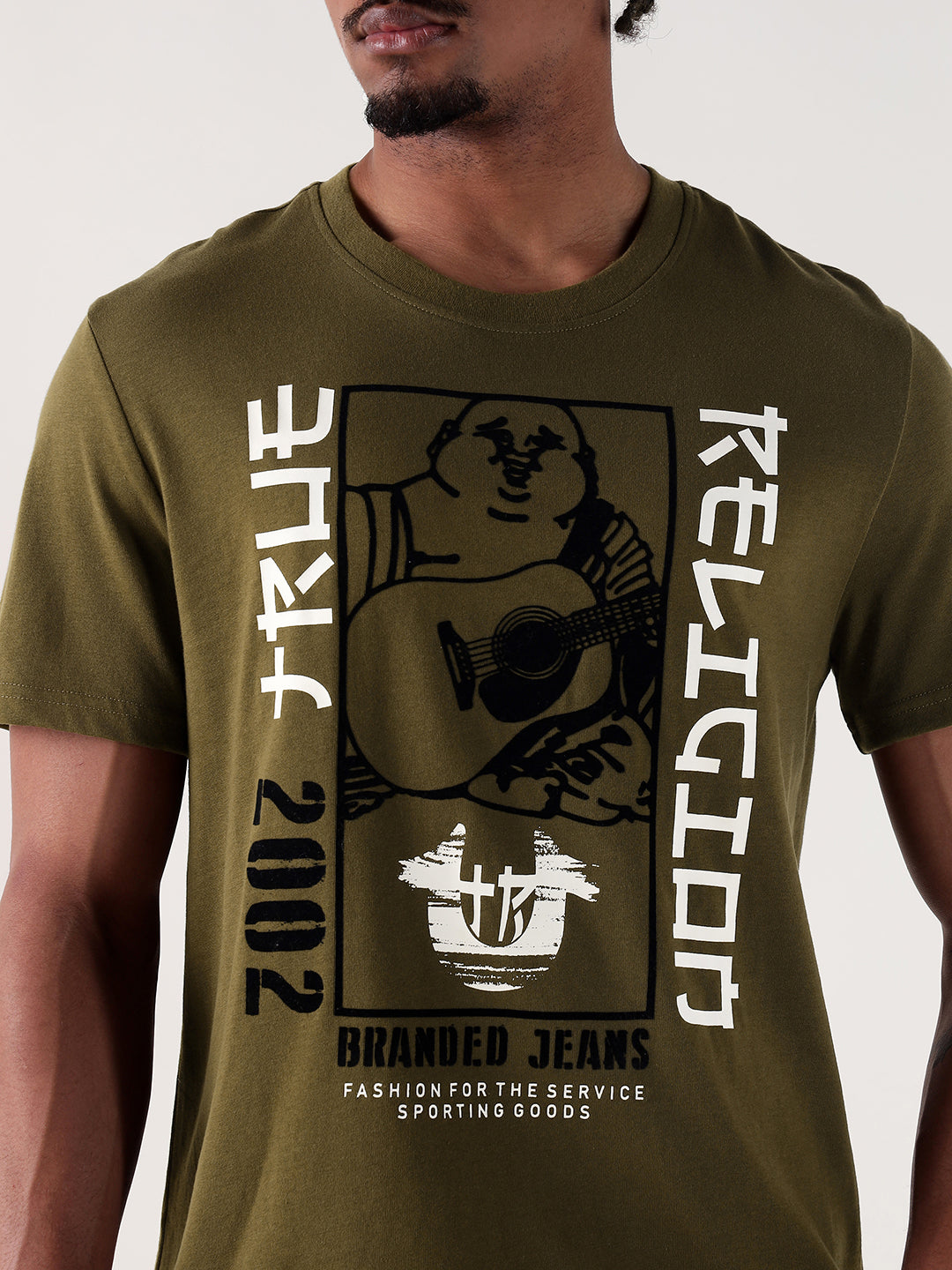 TRUE RELIGION Men Green Printed Round Neck Regular Fit T Shirt