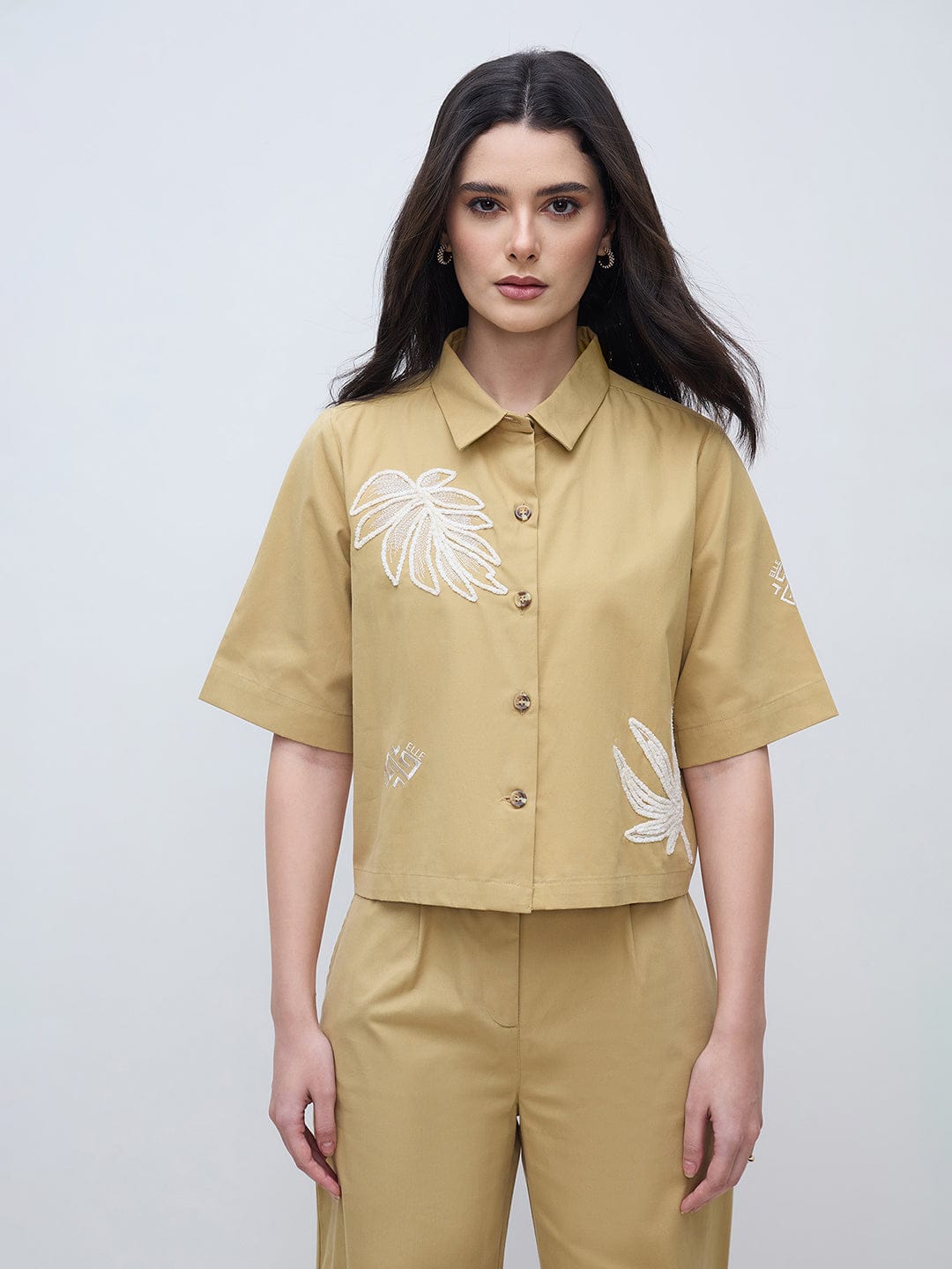 Elle Women Beige Printed Pure Cotton Collared Boxy Fit Top