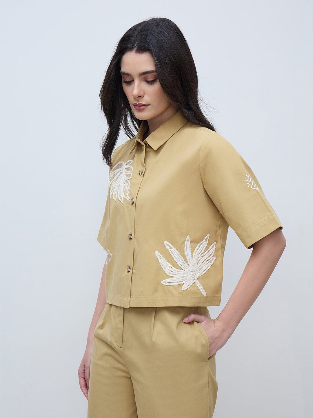 Elle Women Beige Printed Pure Cotton Collared Boxy Fit Top