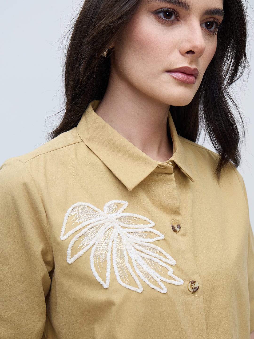 Elle Women Beige Printed Pure Cotton Collared Boxy Fit Top