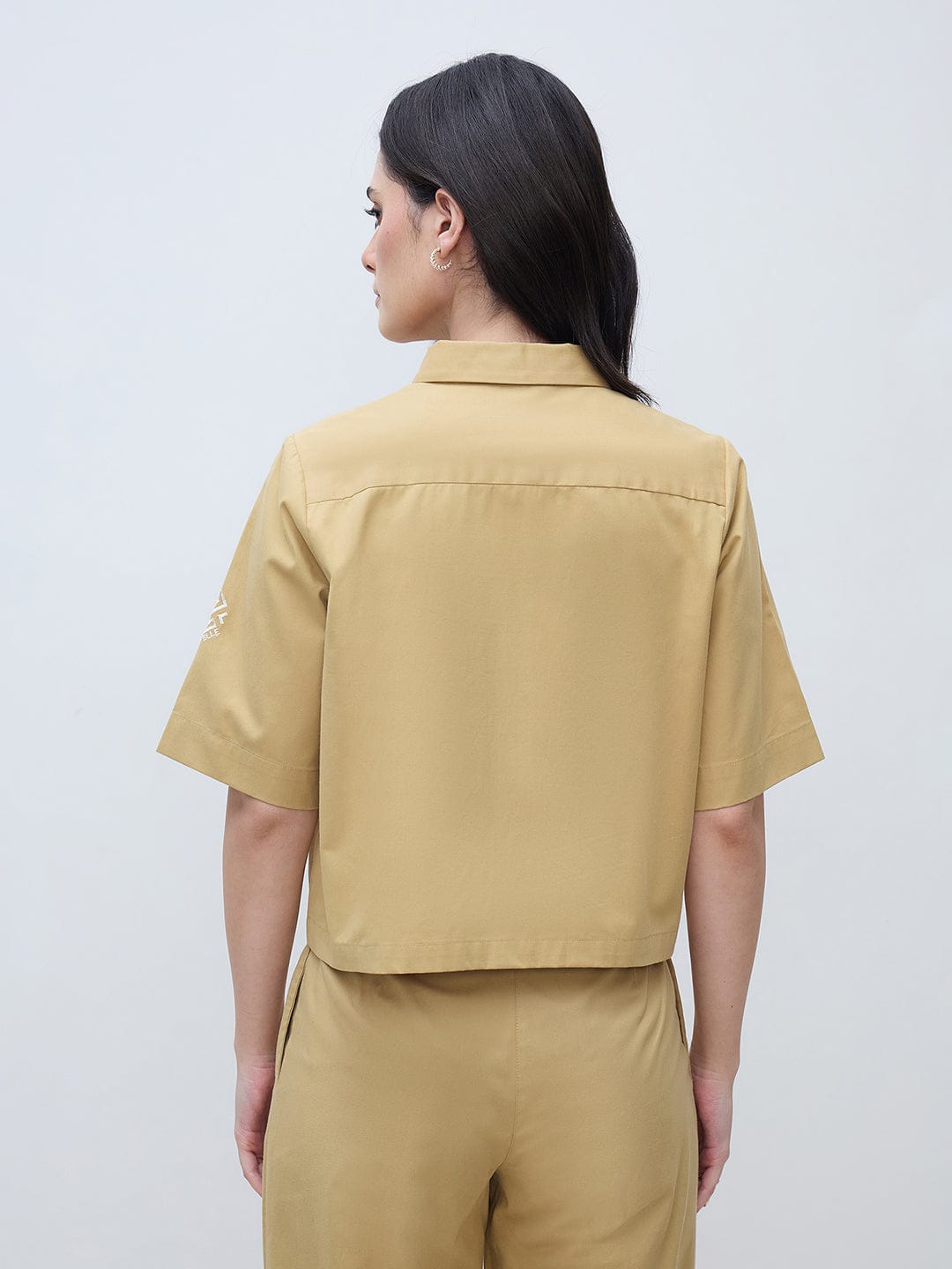 Elle Women Beige Printed Pure Cotton Collared Boxy Fit Top