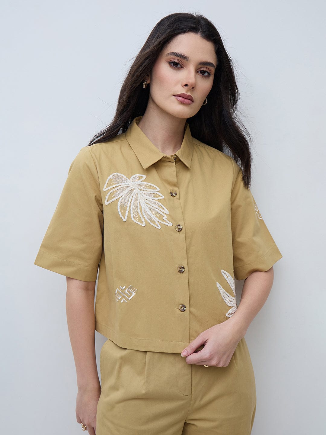 Elle Women Beige Printed Pure Cotton Collared Boxy Fit Top