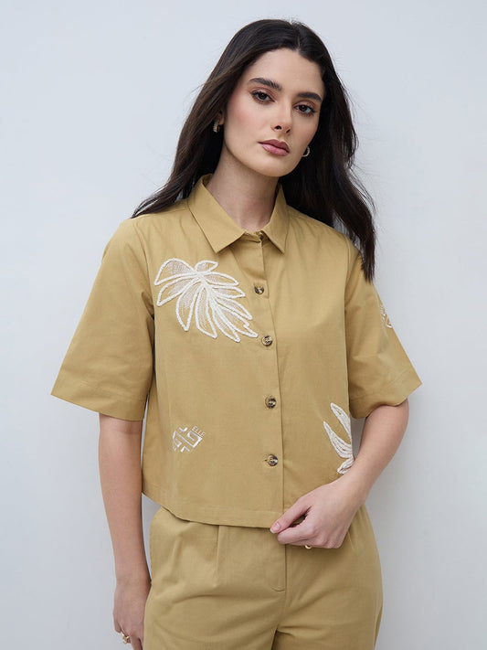 Elle Women Beige Printed Pure Cotton Collared Boxy Fit Top