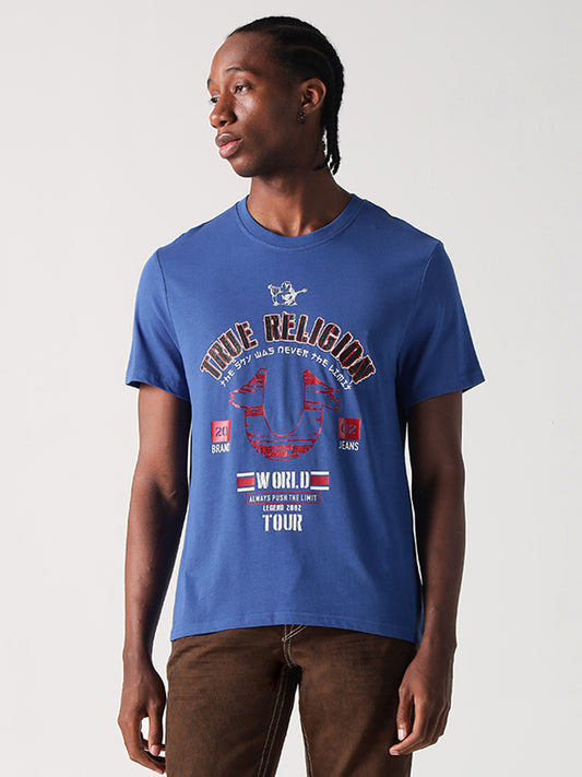 True Religion Men Blue Placement Print Round Neck Tshirt