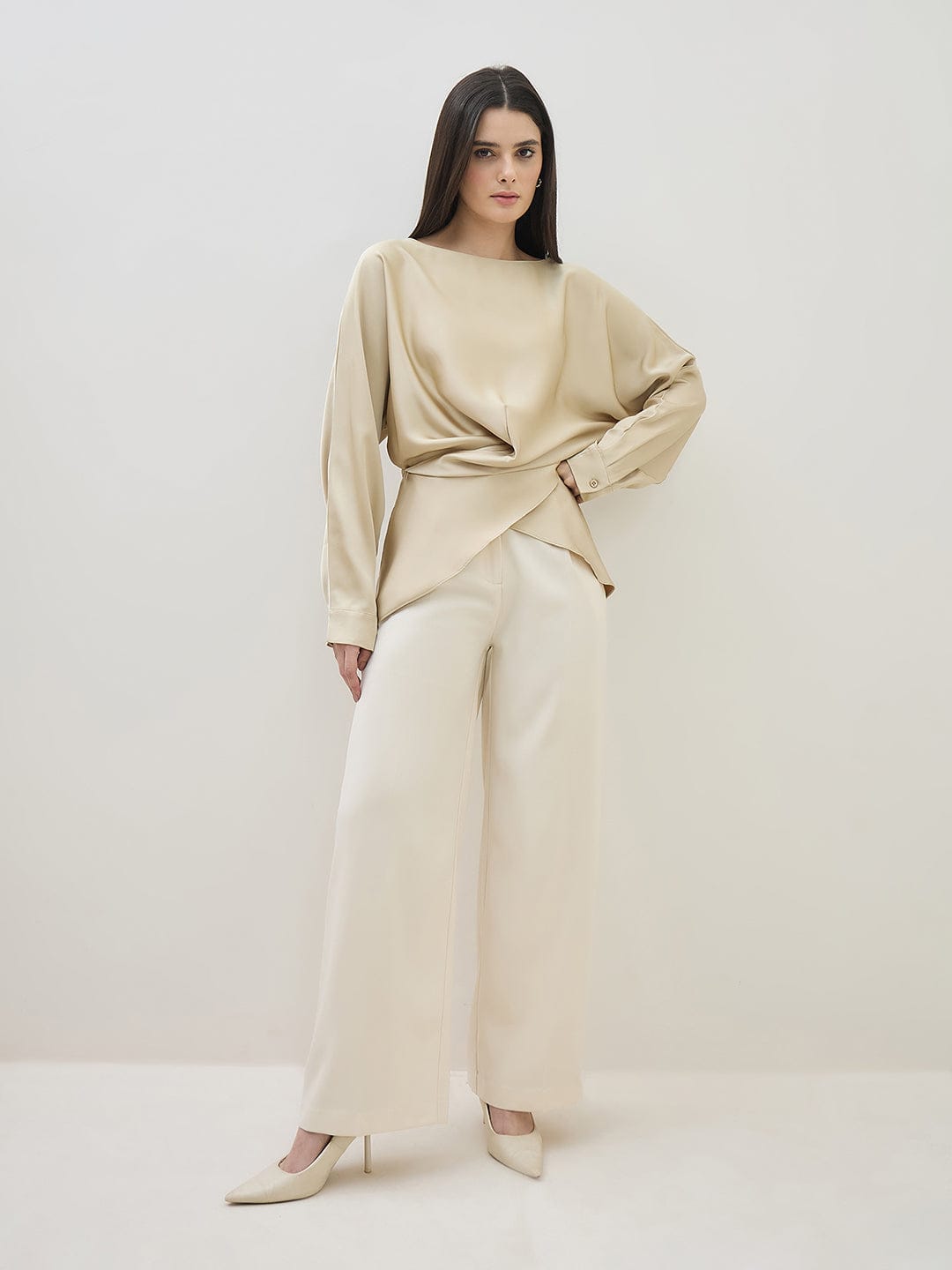 ICONIC Women Beige Kimono Sleeve Top