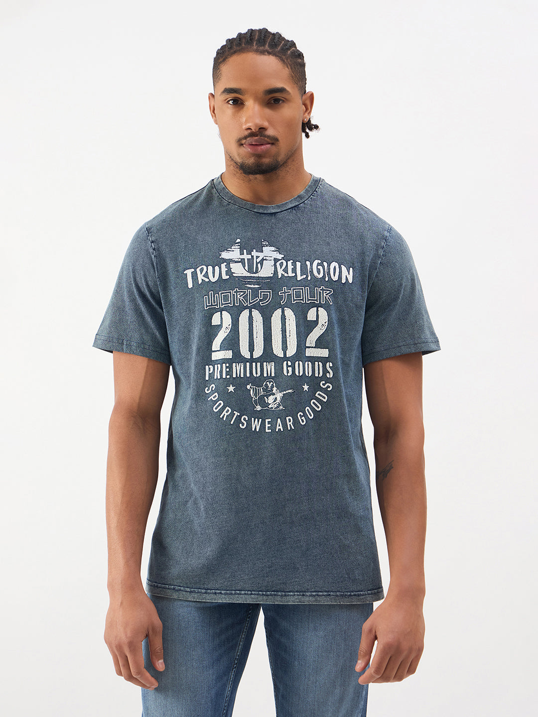 TRUE RELIGION Men Blue Printed Regular Fit Denim T Shirt