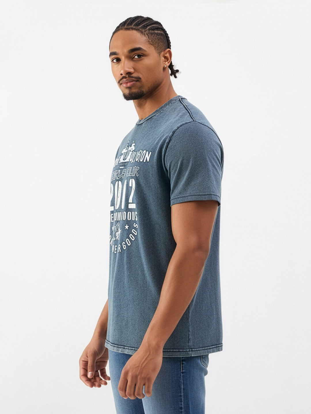 TRUE RELIGION Men Blue Printed Regular Fit Denim T Shirt