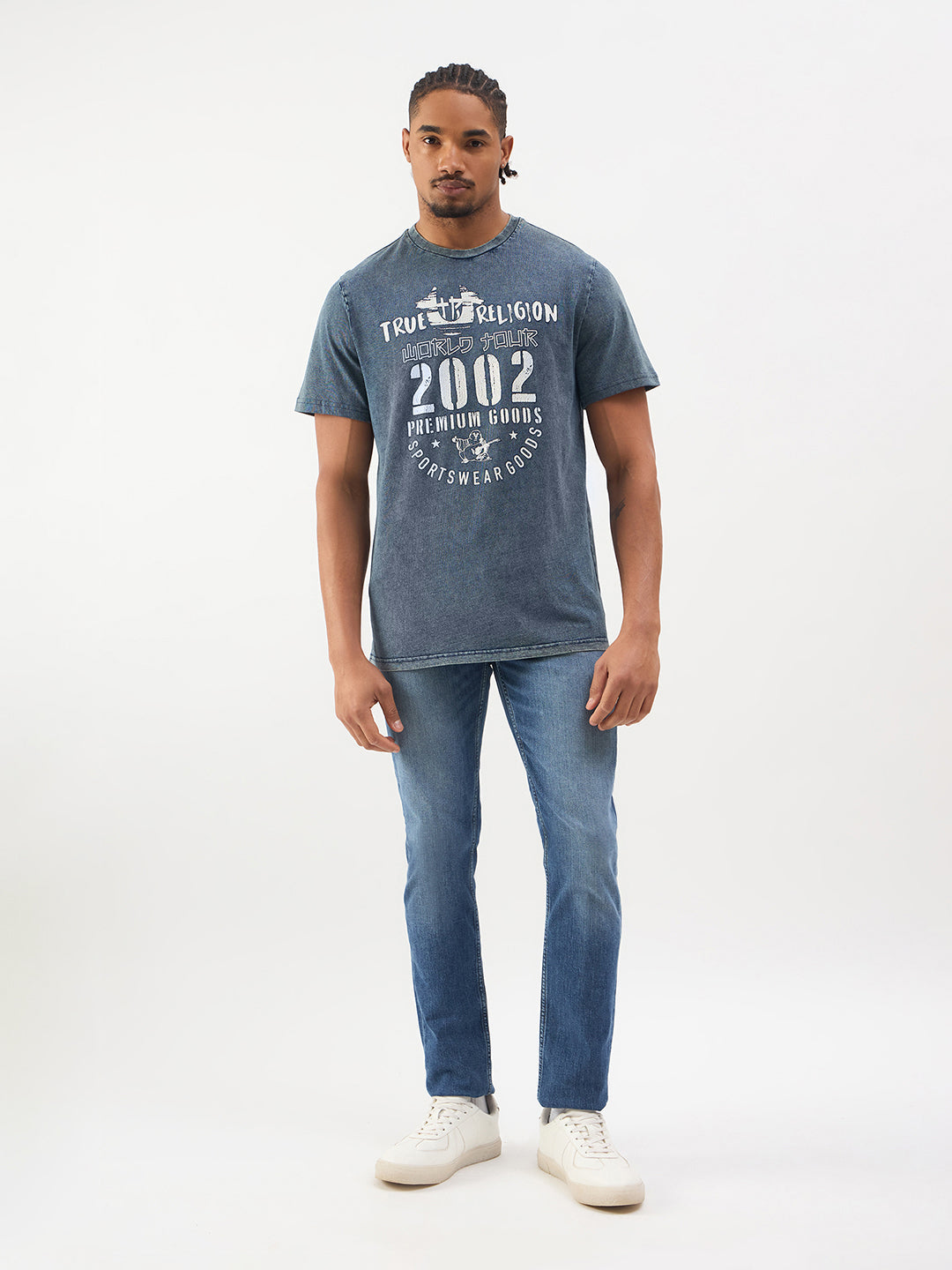 TRUE RELIGION Men Blue Printed Regular Fit Denim T Shirt