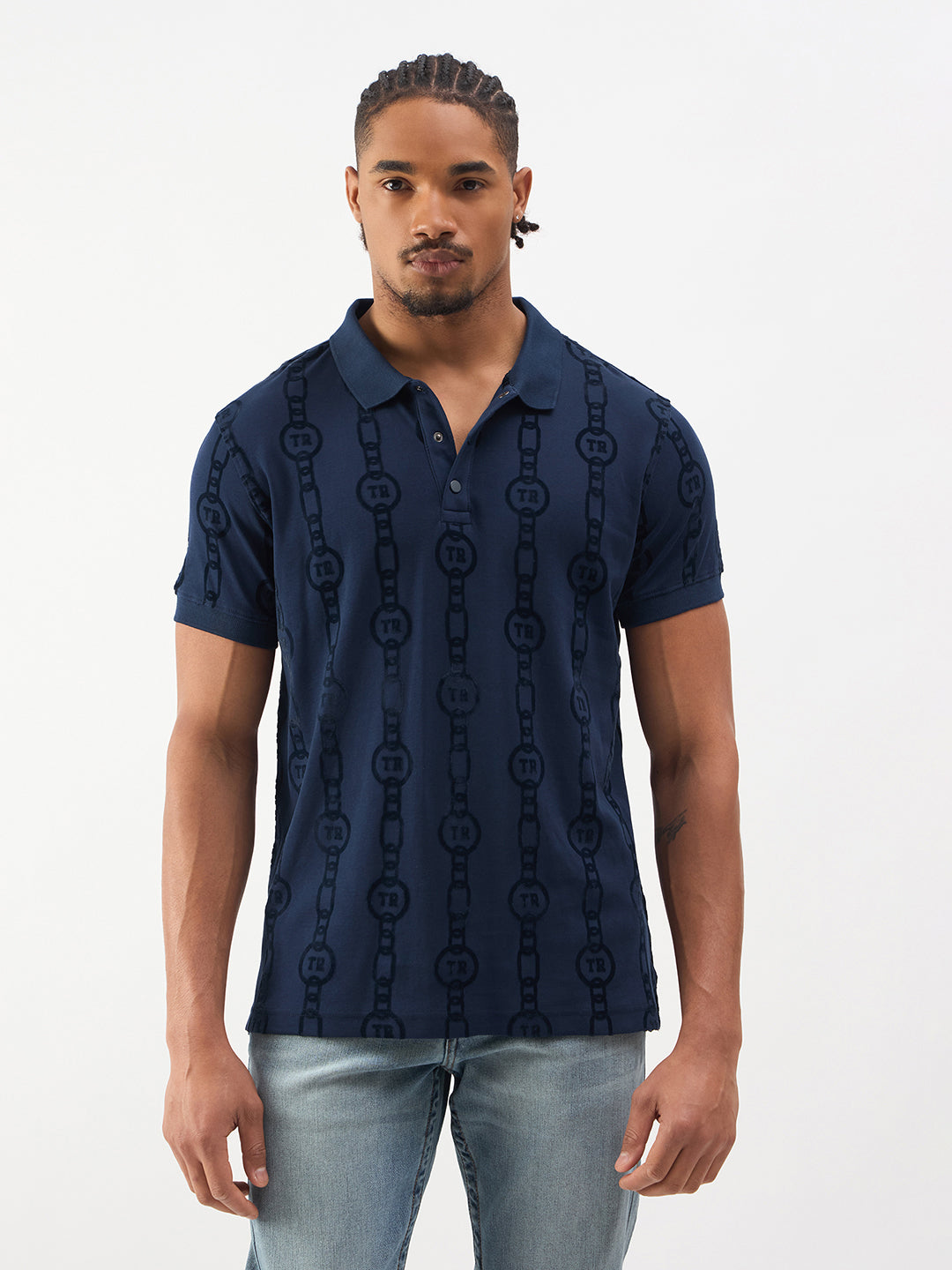 TRUE RELIGION Men Blue Printed Regular Fit Polo T-Shirt