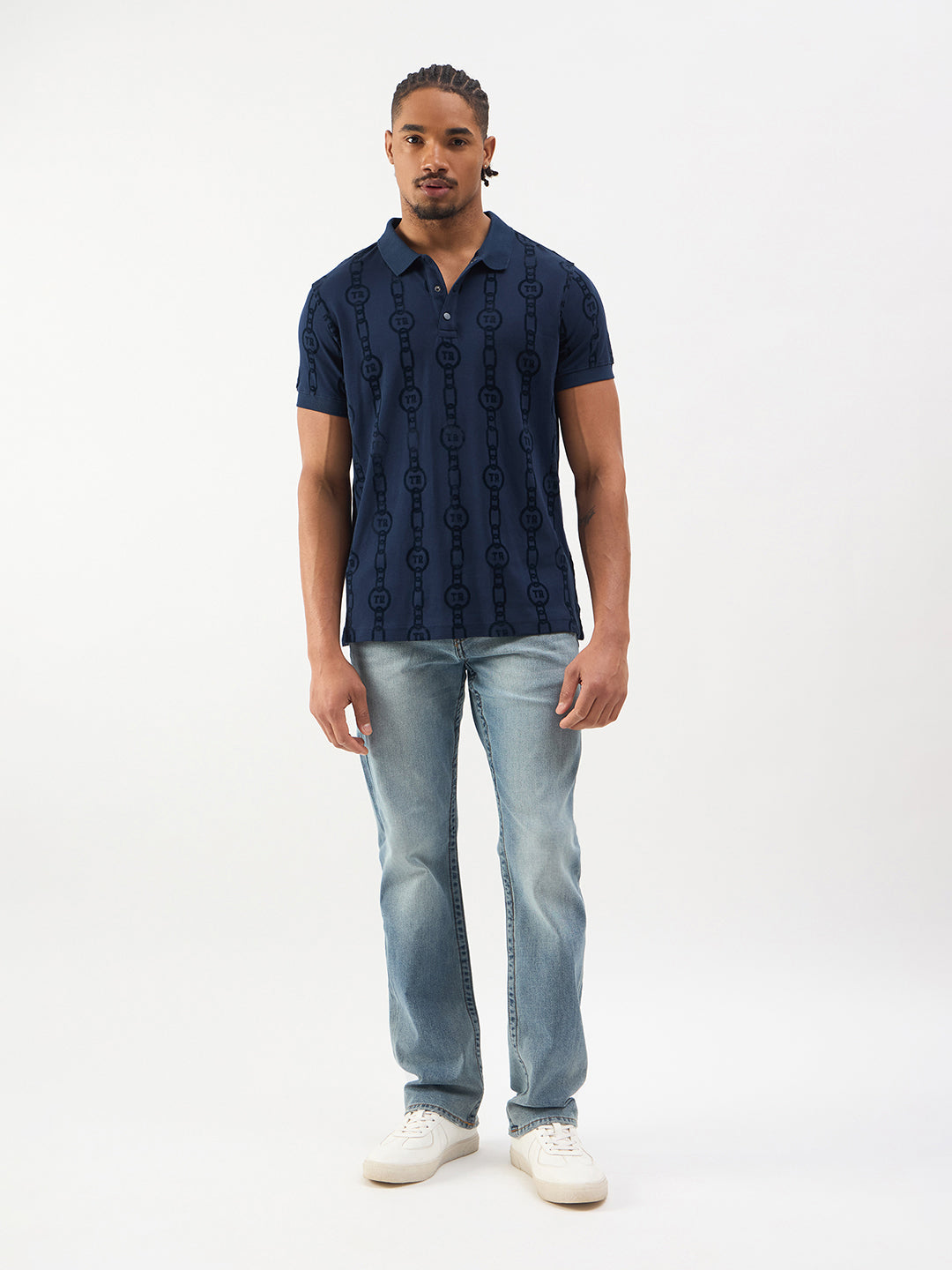 TRUE RELIGION Men Blue Printed Regular Fit Polo T-Shirt