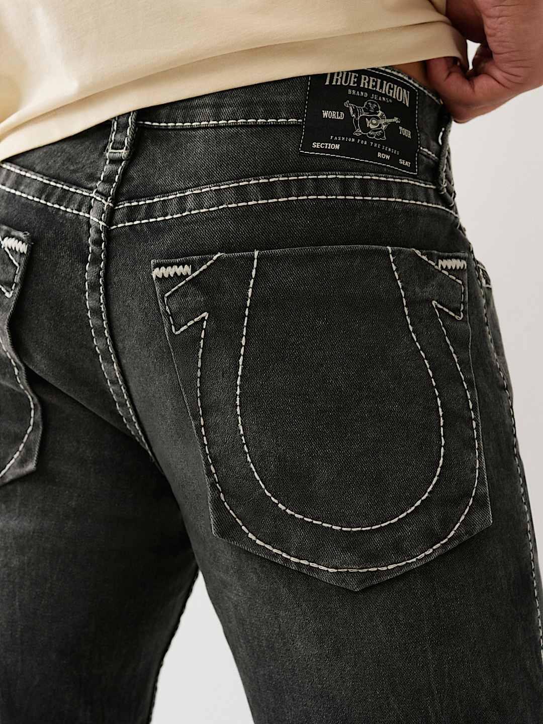 True Religion Men Black Straight Fit Washed Big T Ricky Shorts