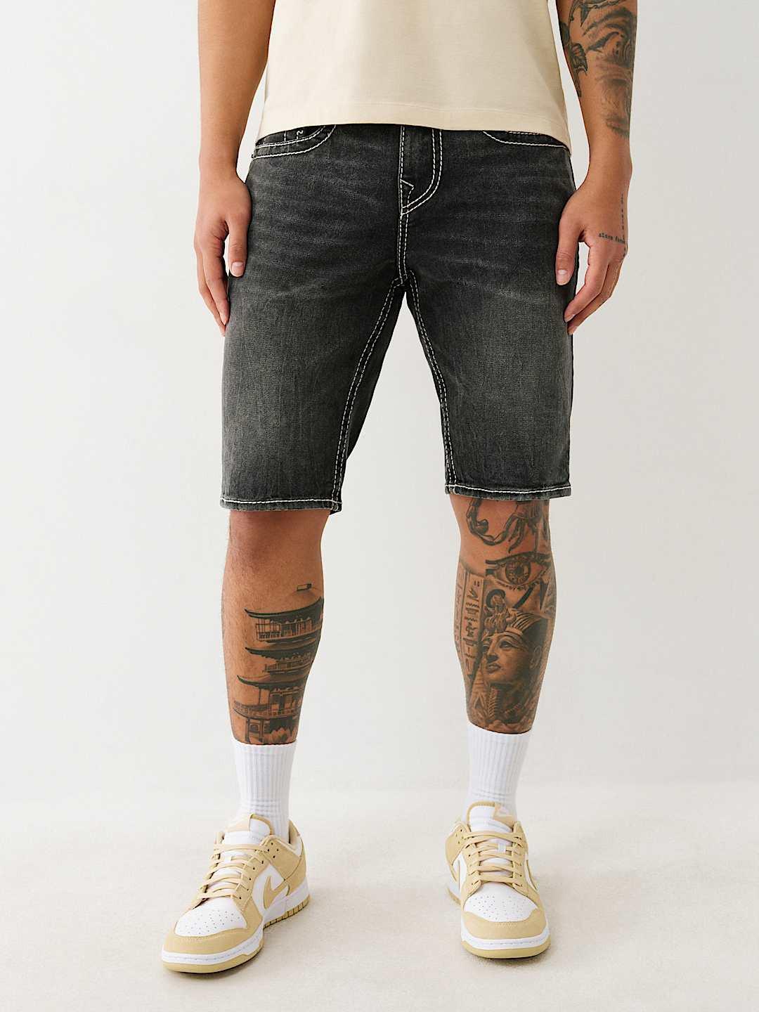True Religion Men Black Straight Fit Washed Big T Ricky Shorts