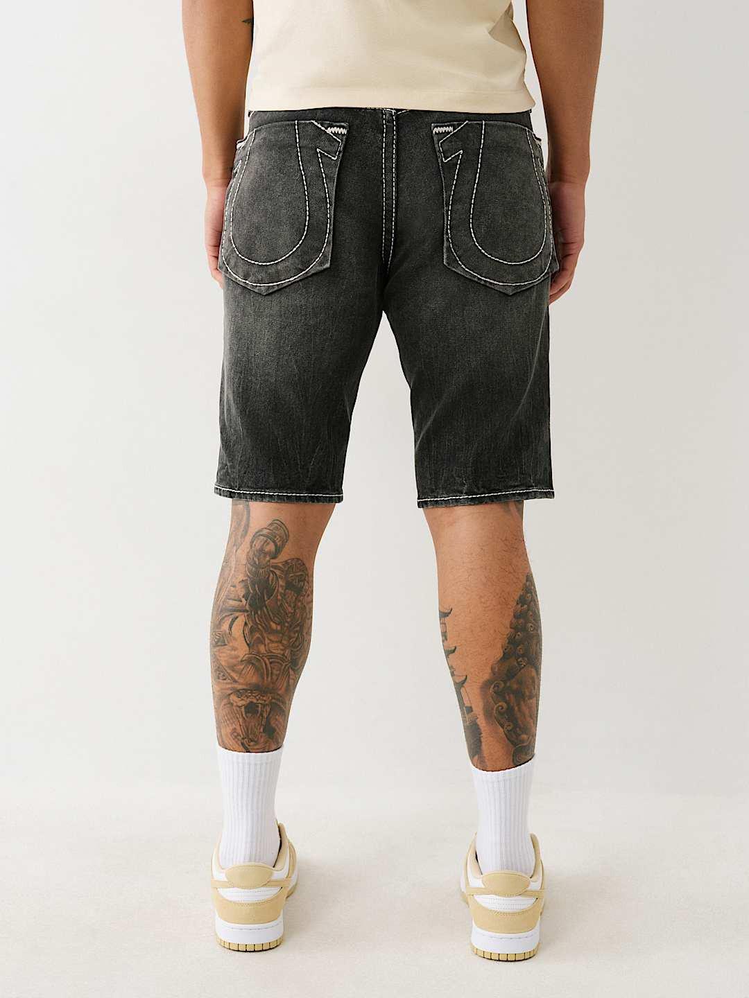 True Religion Men Black Straight Fit Washed Big T Ricky Shorts