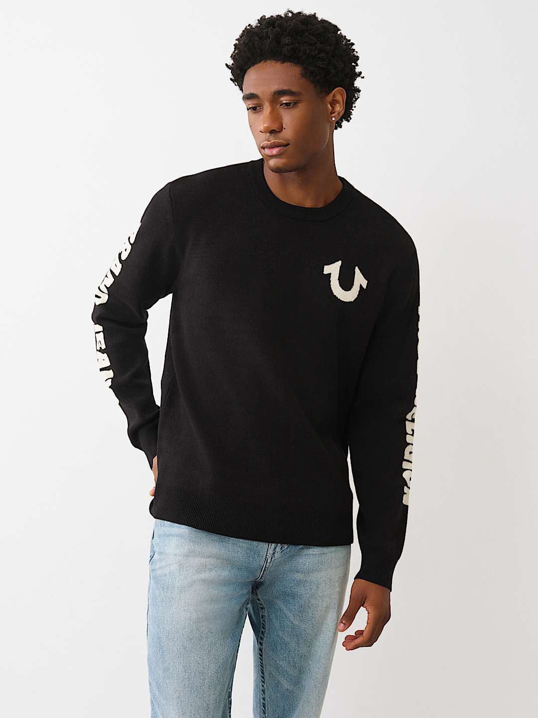 TRUE RELIGION Men Black Acrylic Printed Crew Neck Sweater