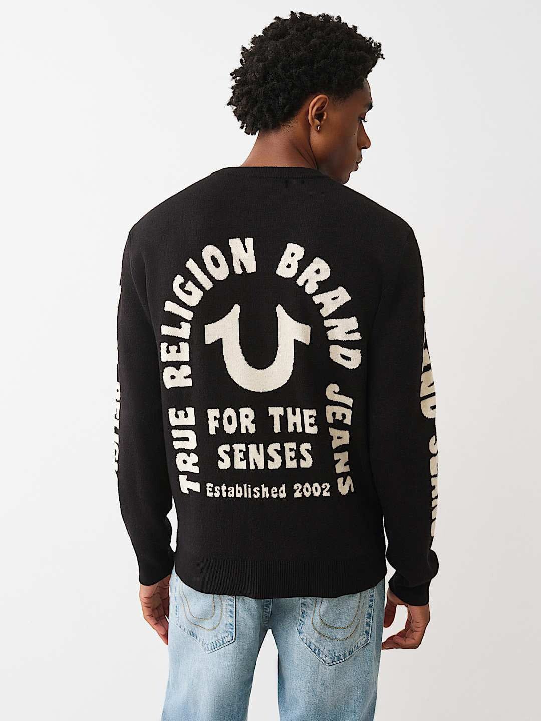 TRUE RELIGION Men Black Acrylic Printed Crew Neck Sweater
