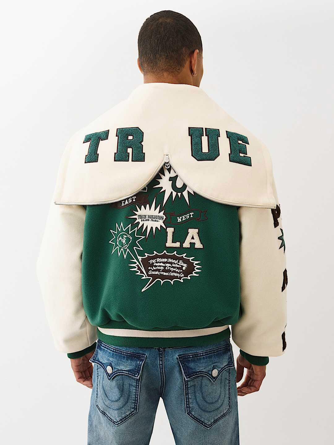 TRUE RELIGION Men Green Embroidered Hooded Fit Varsity Jacket