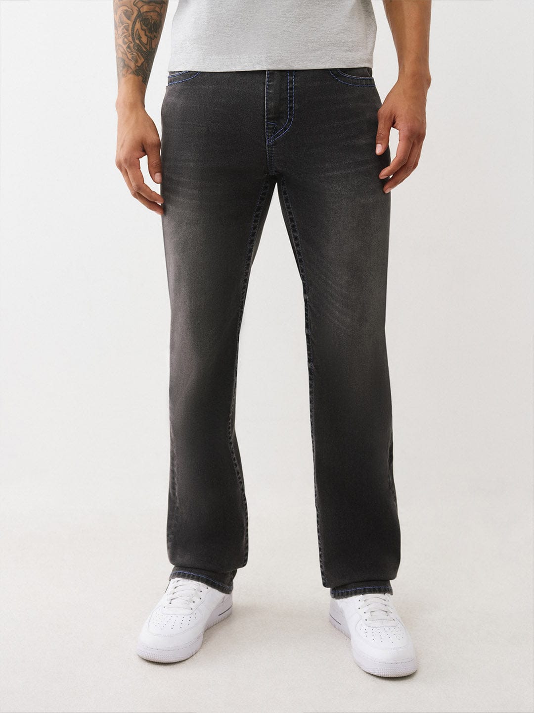 TRUE RELIGION Men Charcoal Grey Big T Straight Fit Jeans