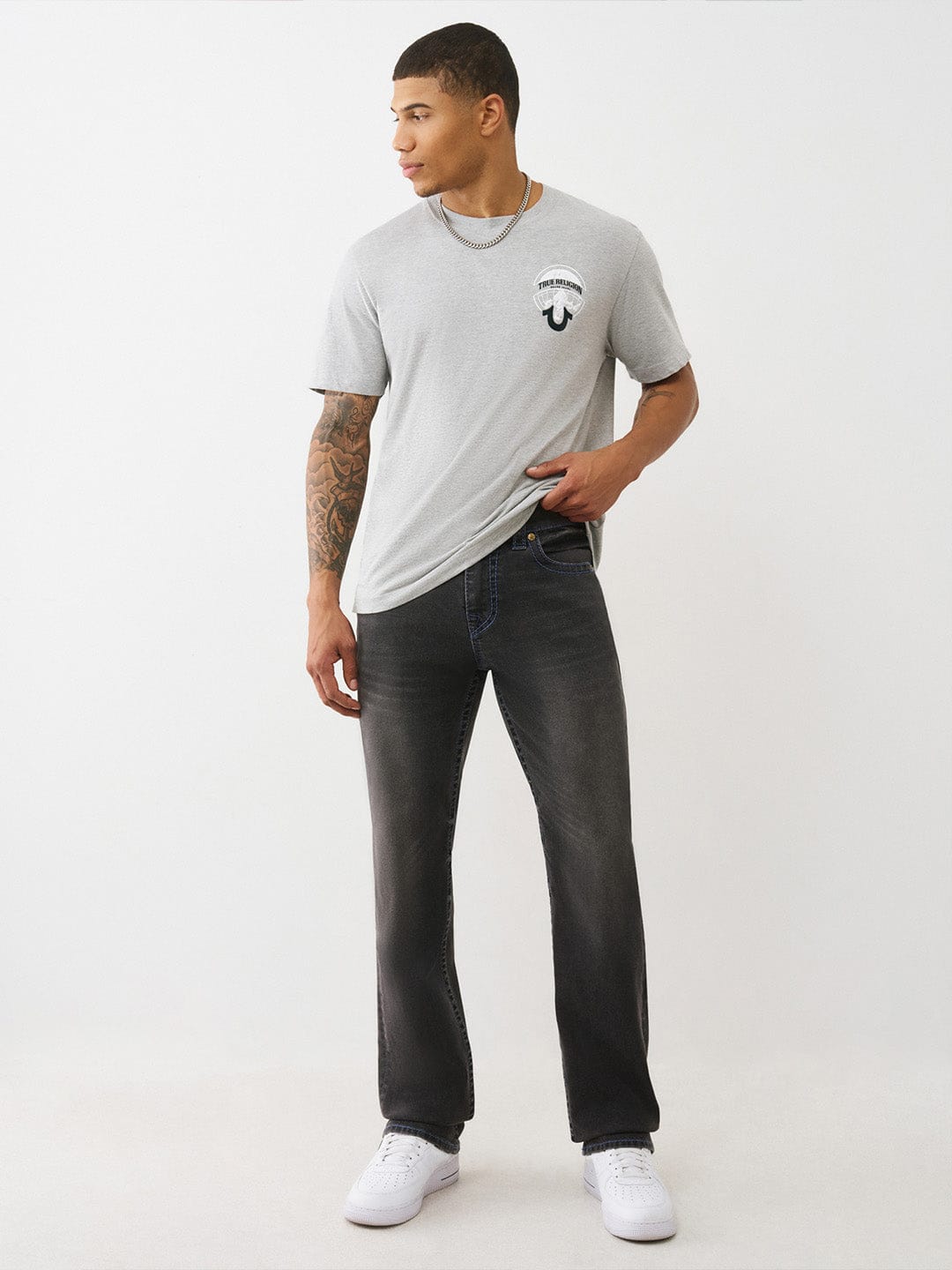 TRUE RELIGION Men Charcoal Grey Big T Straight Fit Jeans