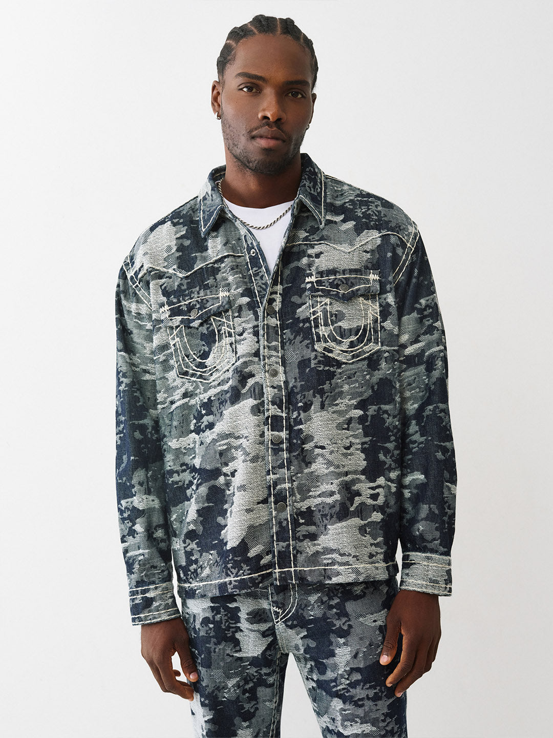 True Religion Men Straight Fit Blue Printed Pure Cotton Shirt