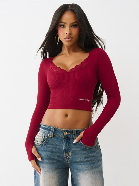 True Religion Women Skinny Fit Red Solid Top