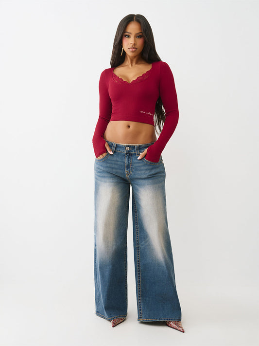 True Religion Women Skinny Fit Red Solid Top